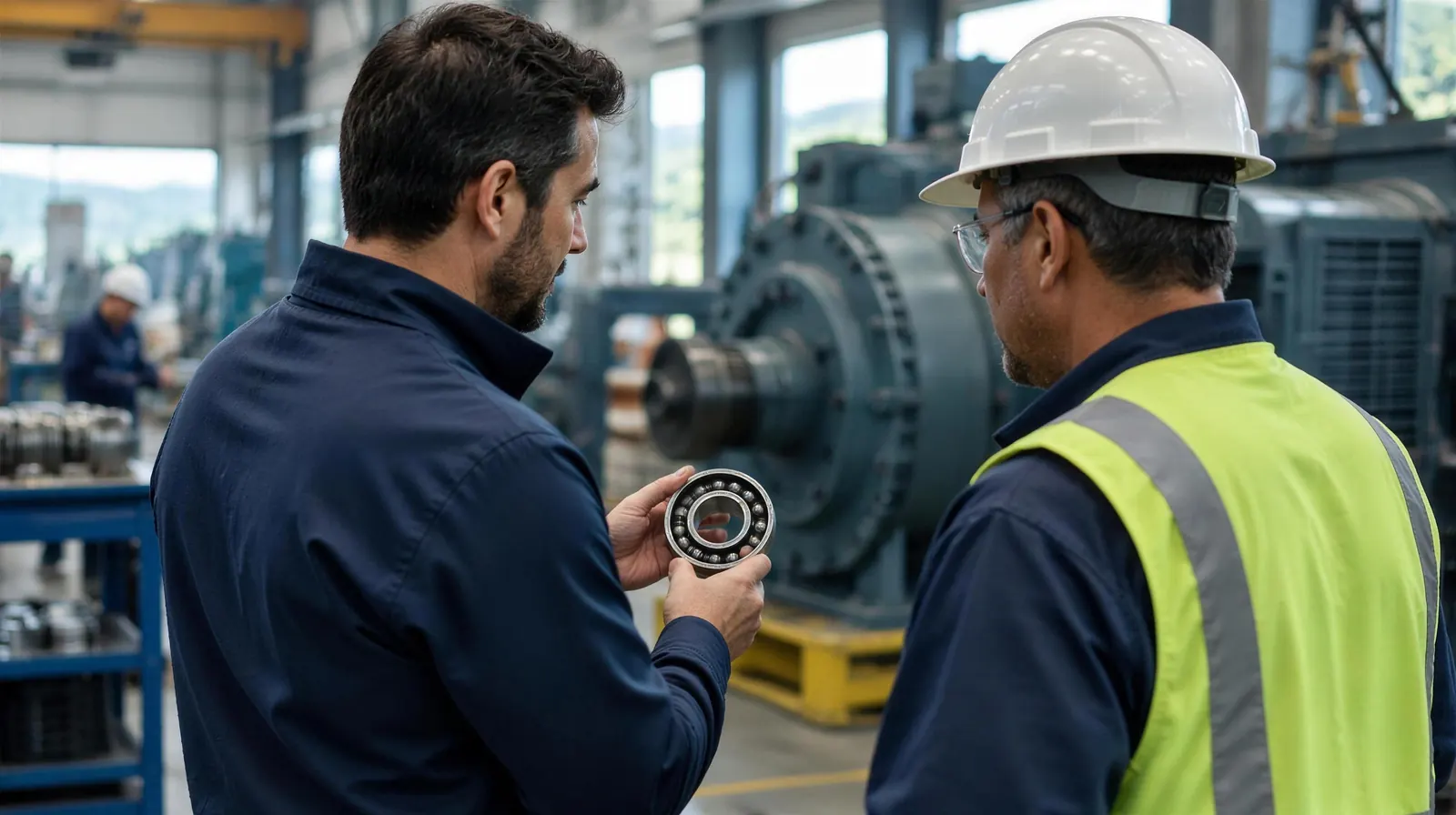 Técnico mostrando um rolamento a um cliente no chão de fábrica