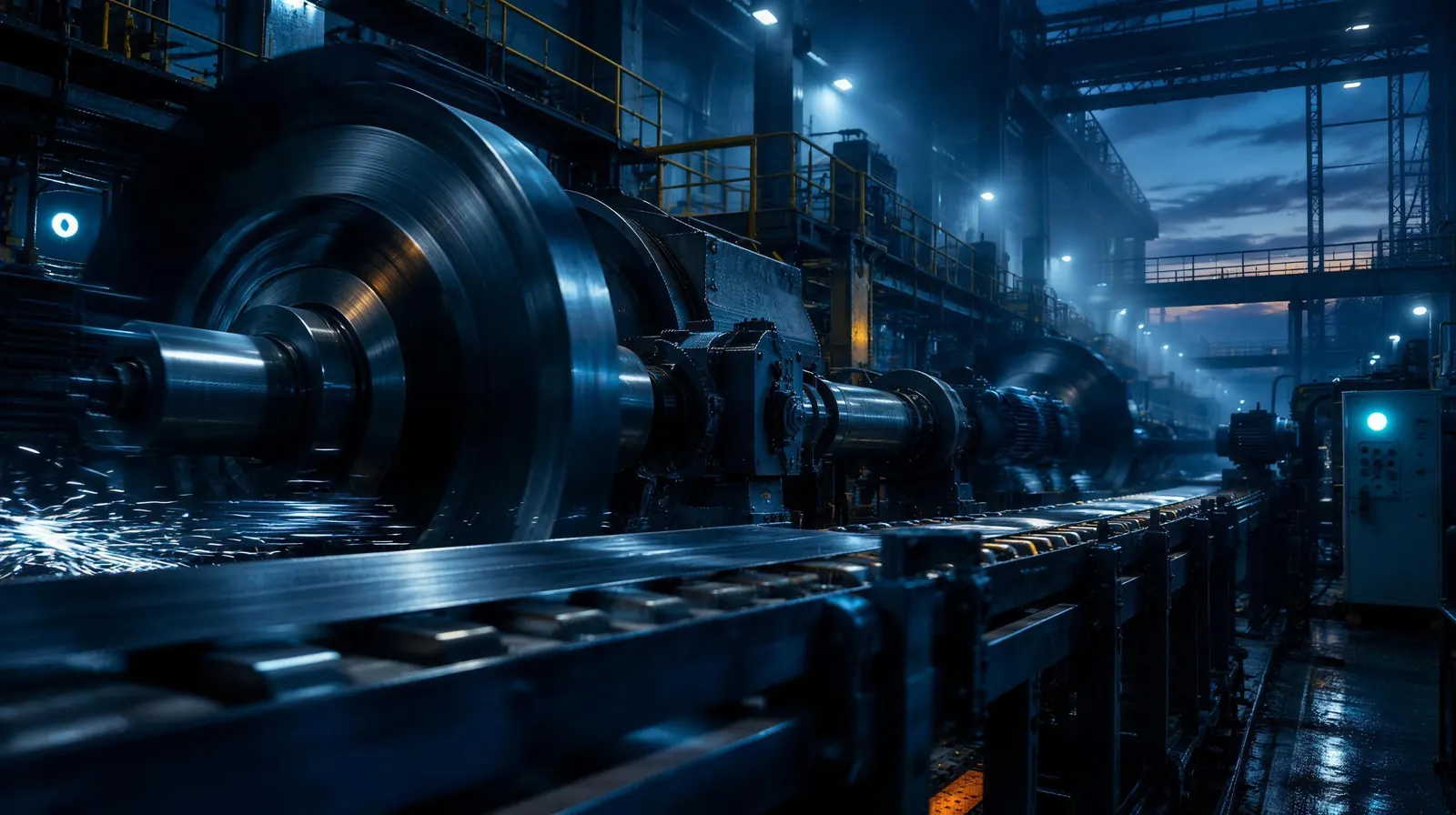 Linha de produção industrial à noite