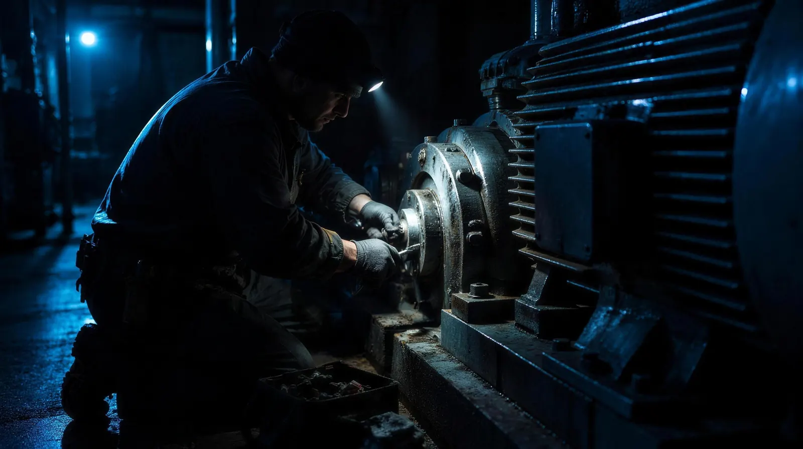 Técnico trabalhando em um motor à noite